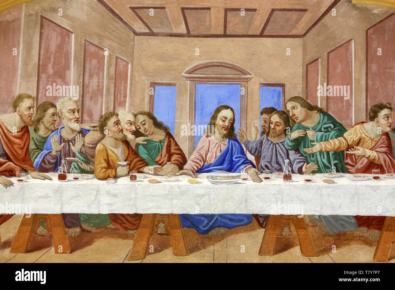 Détails. La cène. Dernier repas de Jésus avec les apôtres. Eglise Saint-Nicolas de Véroce. Saint-Nicolas de Véroce. Foto Stock