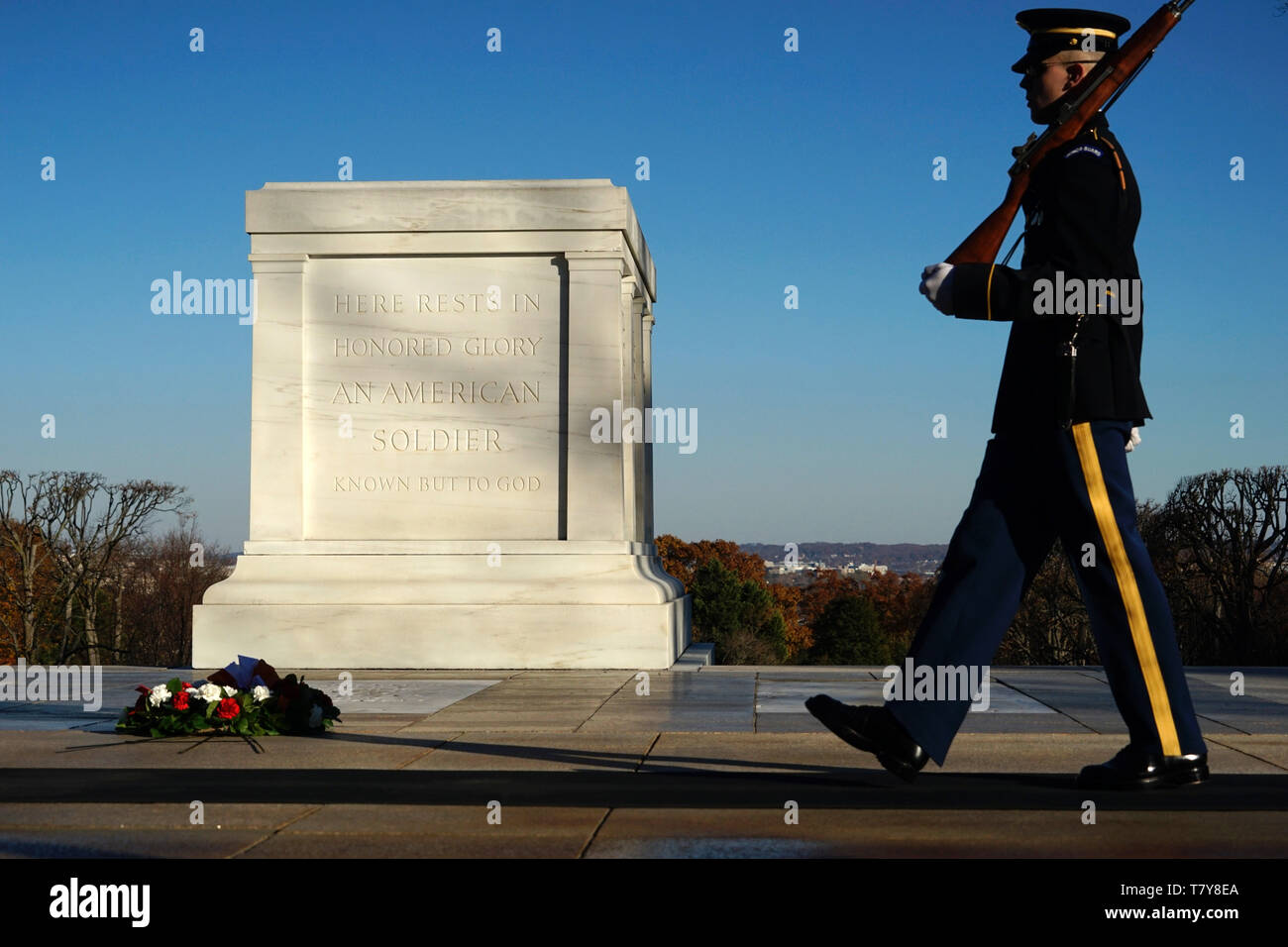 Guardia d'onore alla cerimonia del Cambio della guardia alla tomba del Milite Ignoto in Al Cimitero Nazionale di Arlington.Arlington.Virginia.USA Foto Stock