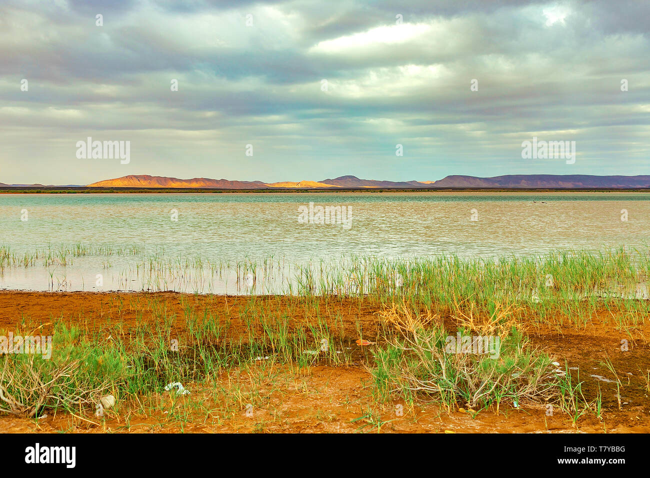 Il lago in Marocco all'alba ai piedi del deserto del Sahara. Il sole splende attraverso le nuvole. Foto Stock