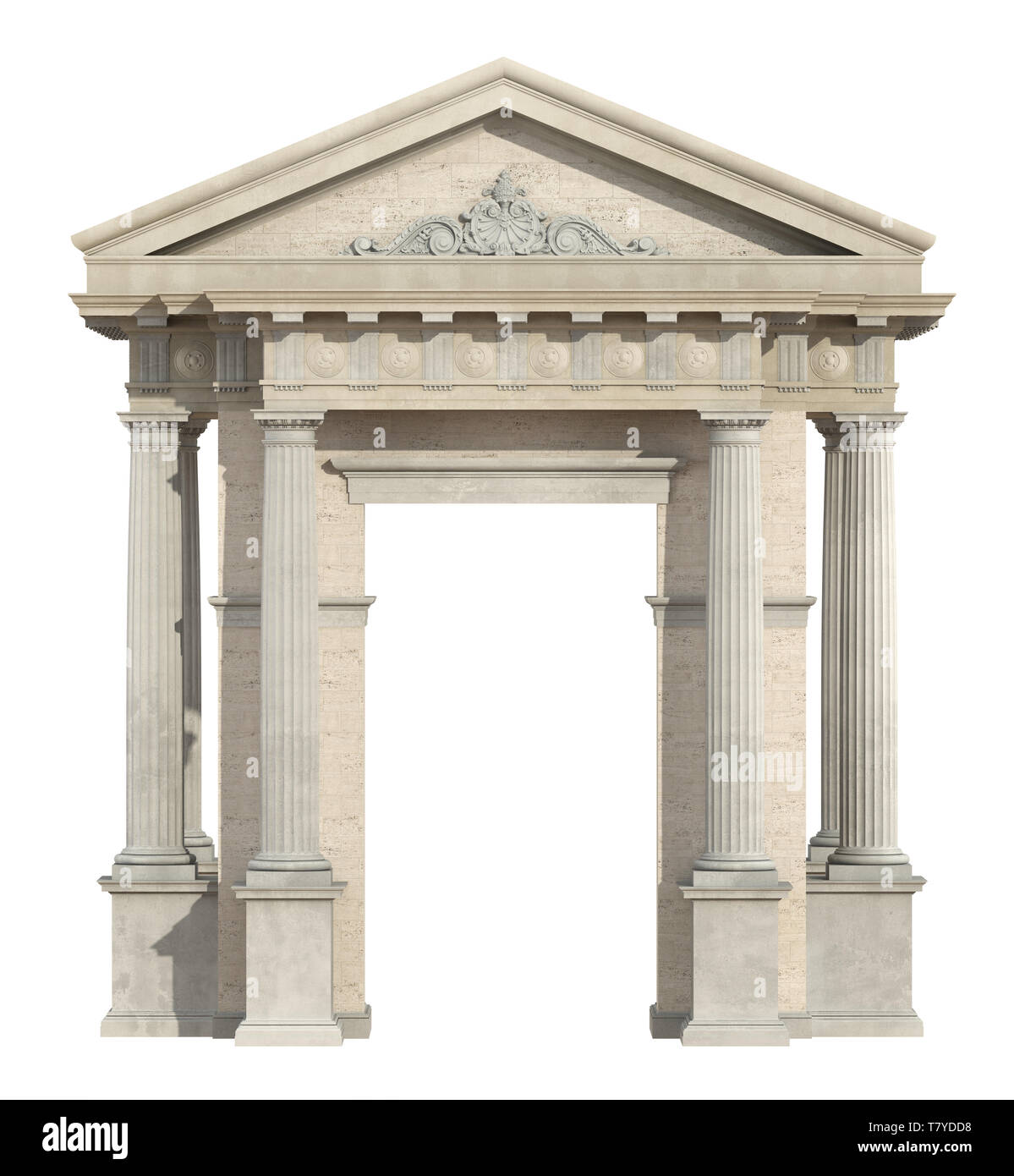 Portale in stile neoclassico isolato su bianco con colonne doriche e tympanon - 3d rendering Foto Stock