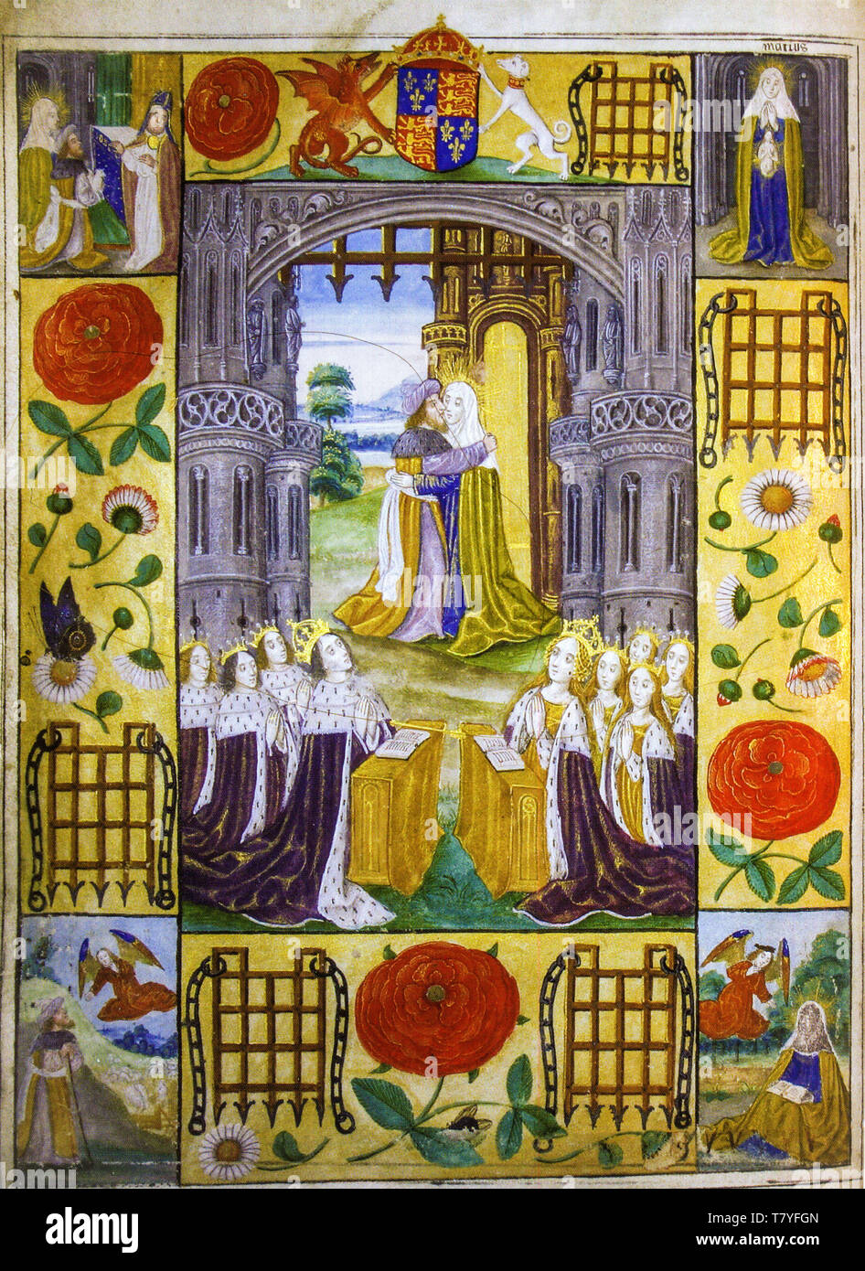 La famiglia reale di Enrico VII di Inghilterra con Gioacchino e Anna incontro presso il Golden Gate, pagina miniata, 1503 Foto Stock