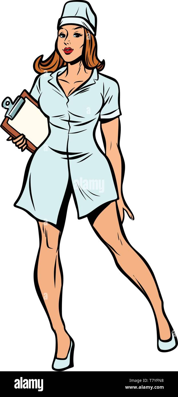 Medico infermiere lavoratore, medico ospedale isolare su sfondo bianco. Fumetto cartoon pop art vector retro vintage disegno Illustrazione Vettoriale