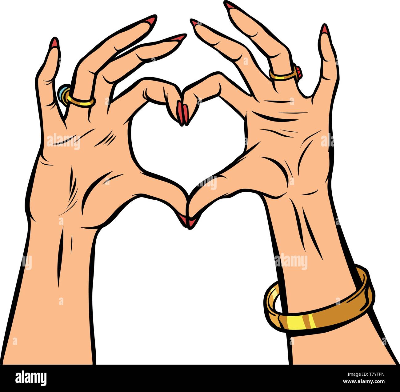 Donna gesto delle mani cuore amore romanticismo il giorno di San Valentino. Fumetto cartoon pop art vector retro vintage disegno Illustrazione Vettoriale