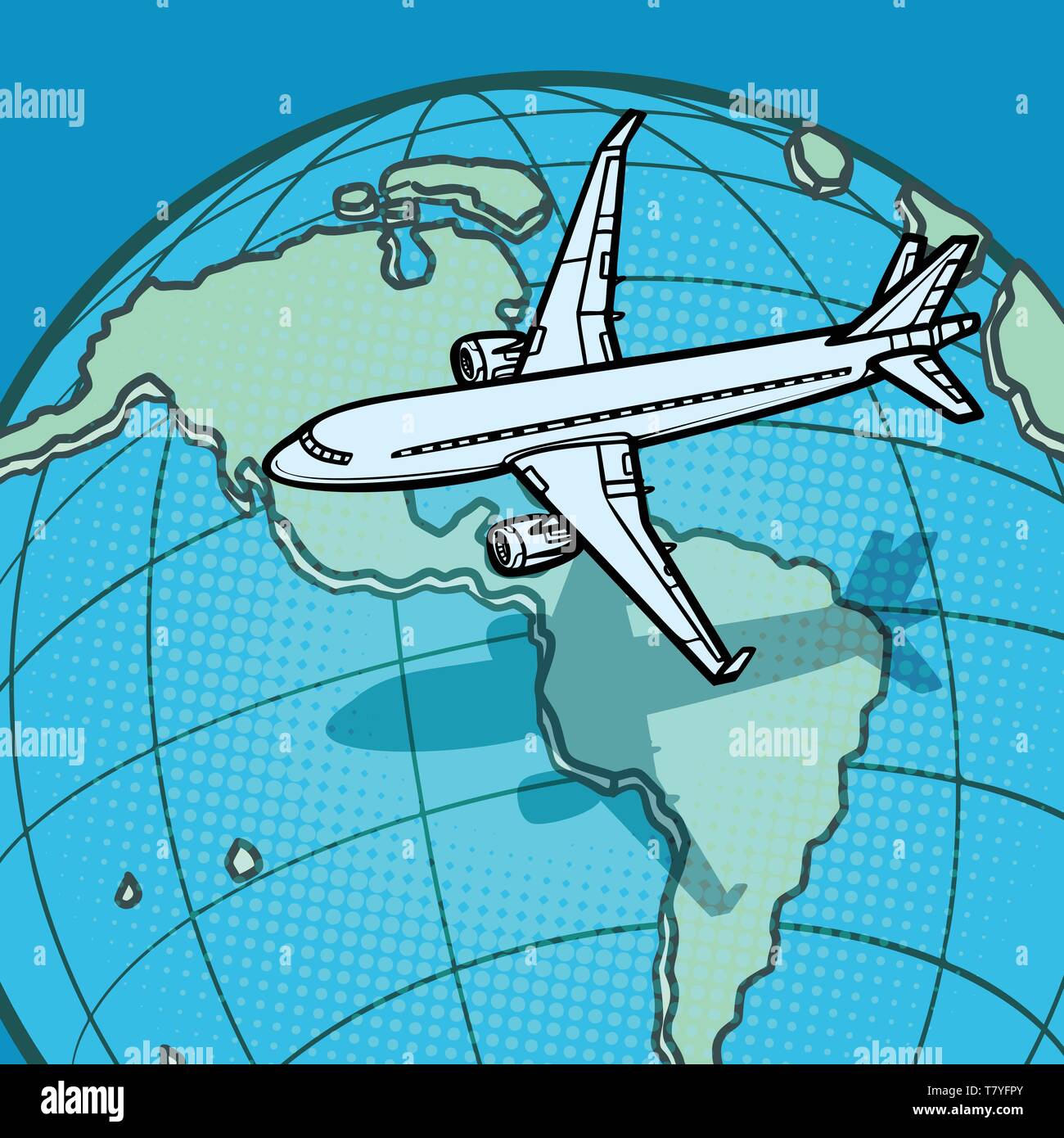 Aereo vola su mondo America. Fumetto cartoon pop art vector retro vintage disegno Illustrazione Vettoriale