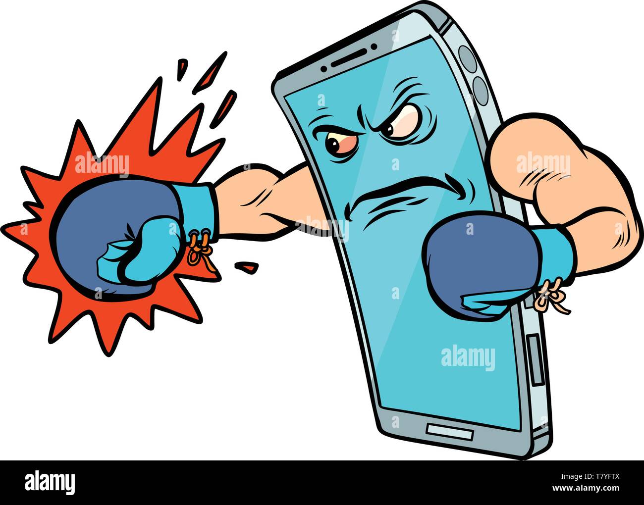 Smartphone carattere boxer. Aggressione Internet nelle reti sociali. Fumetto cartoon pop art vector retro vintage disegno Illustrazione Vettoriale