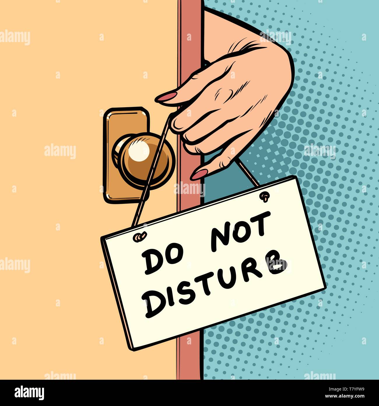 Non disturbare la donna lato appeso un cartello sulla porta. Fumetto cartoon pop art vector retro vintage disegno Illustrazione Vettoriale