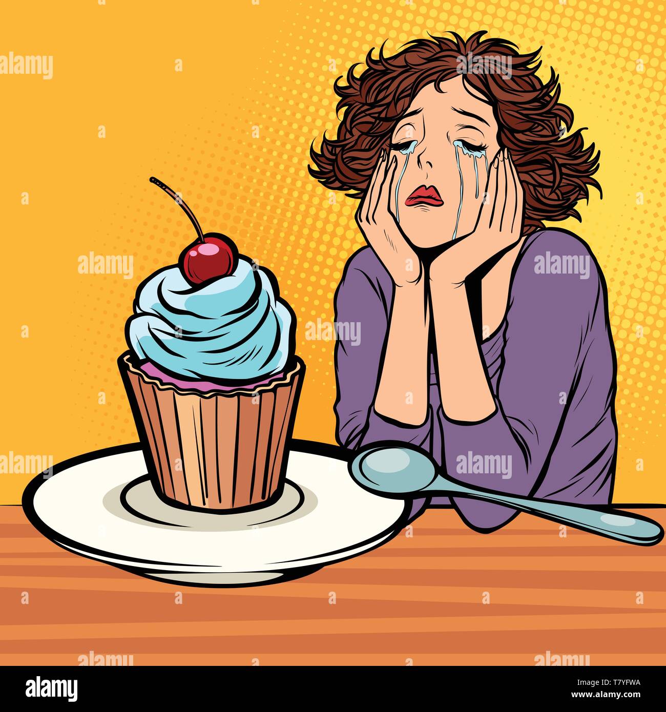 Solitario donna infelice. cupcake dessert. Fumetto cartoon pop art vector retro vintage disegno Illustrazione Vettoriale