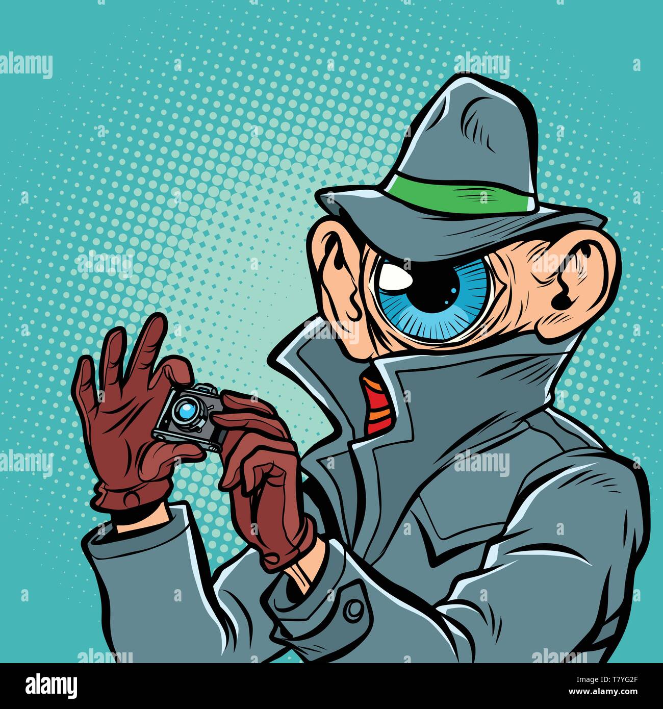 Spy sorveglianza dell'occhio. Fumetto cartoon arte pop retrò illustrazione vettoriale disegno a mano Illustrazione Vettoriale
