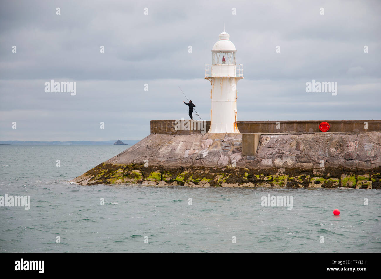 Lone uomo la pesca a Brixham. Foto Stock