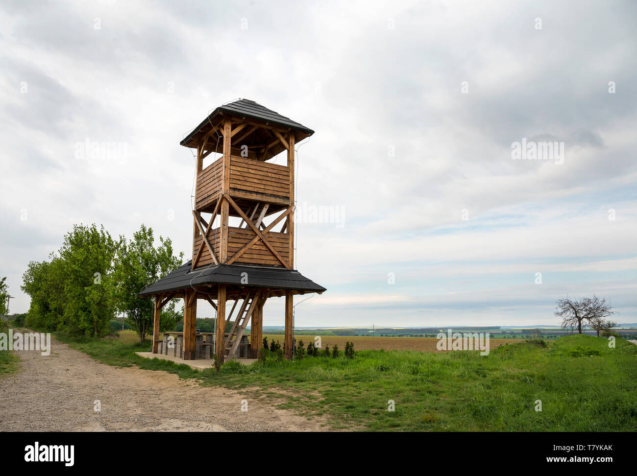 La torre di avvistamento in legno in campagna Foto Stock