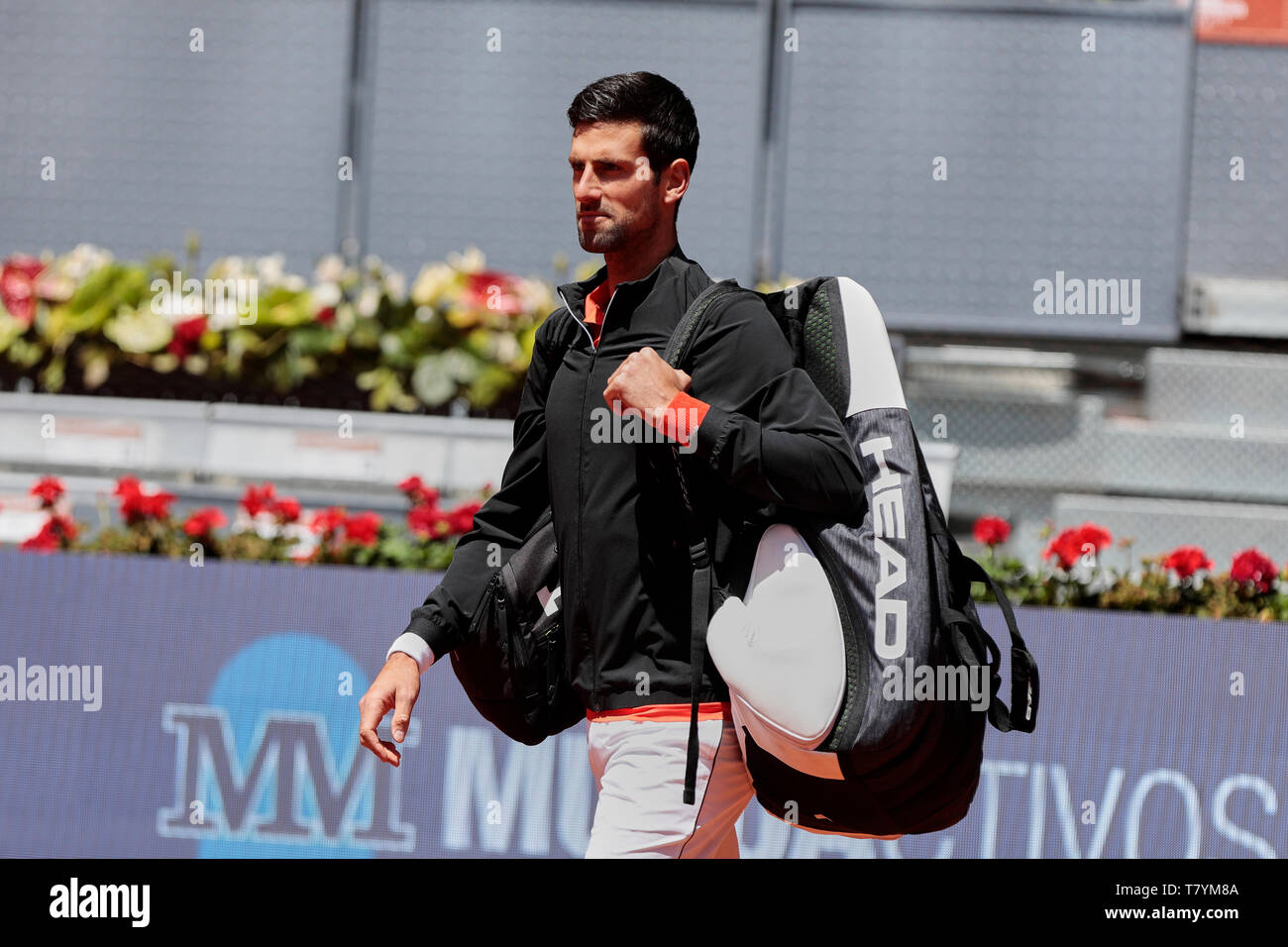 Noval Djokovic visto prima la Mutua Madrid Open Masters corrisponde al giorno 7 a Caja Magica a Madrid. Foto Stock