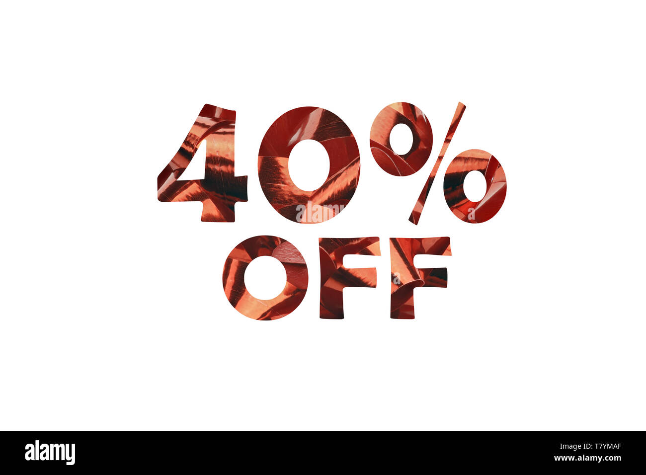 40% di sconto testo simbolico tagliato fuori un close-up di un rosso lucido nastro regalo Foto Stock