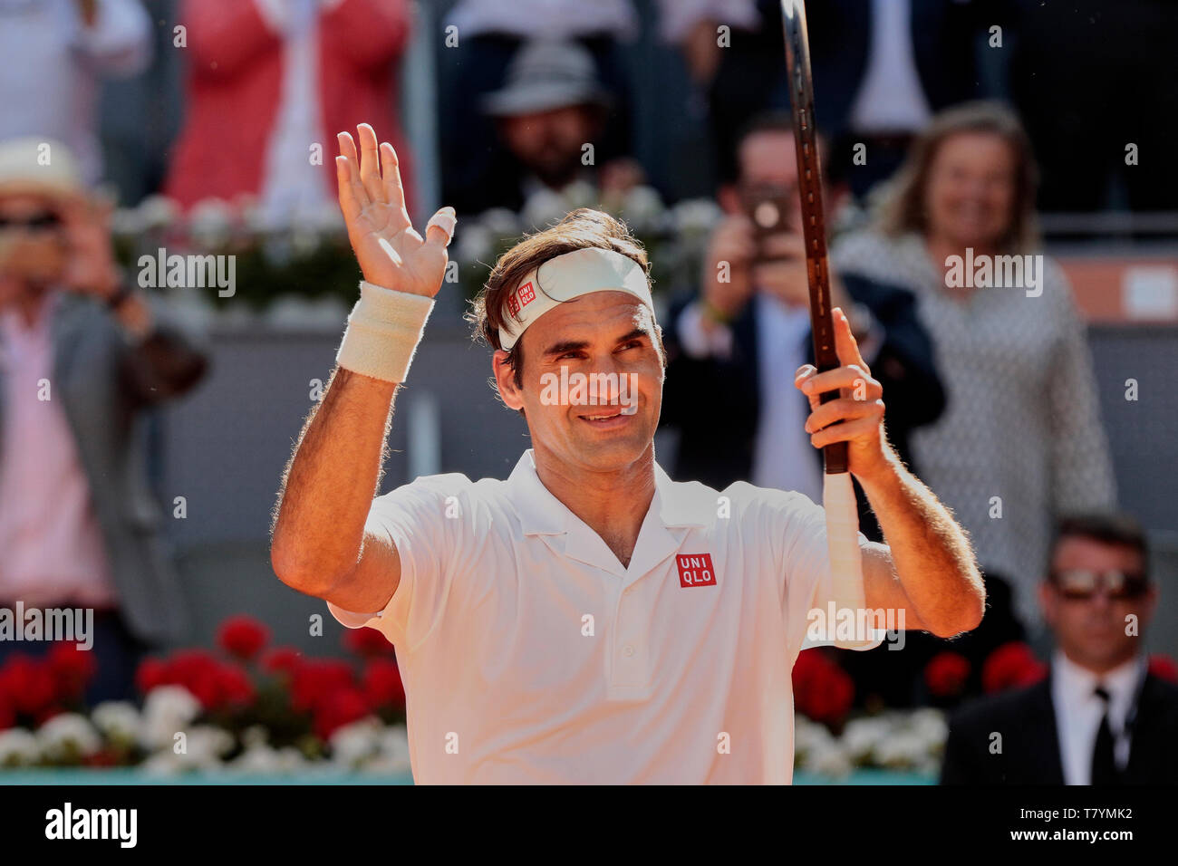 Roger Federer ha visto reagire durante la Mutua Madrid Open Masters corrisponde al giorno 7 a Caja Magica a Madrid. Foto Stock