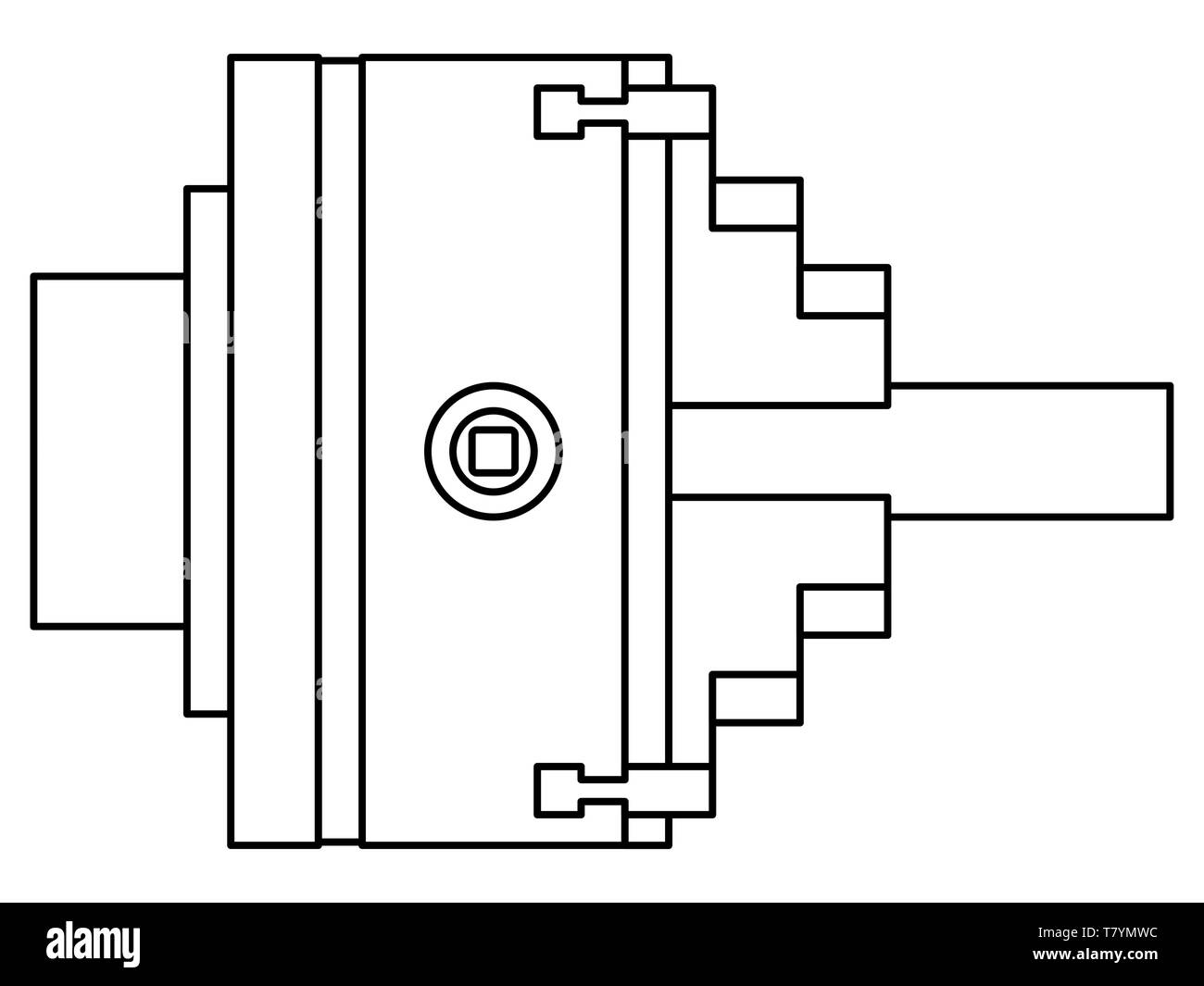 Illustrazione del contorno Mandrino per tornio vista laterale con albero Illustrazione Vettoriale
