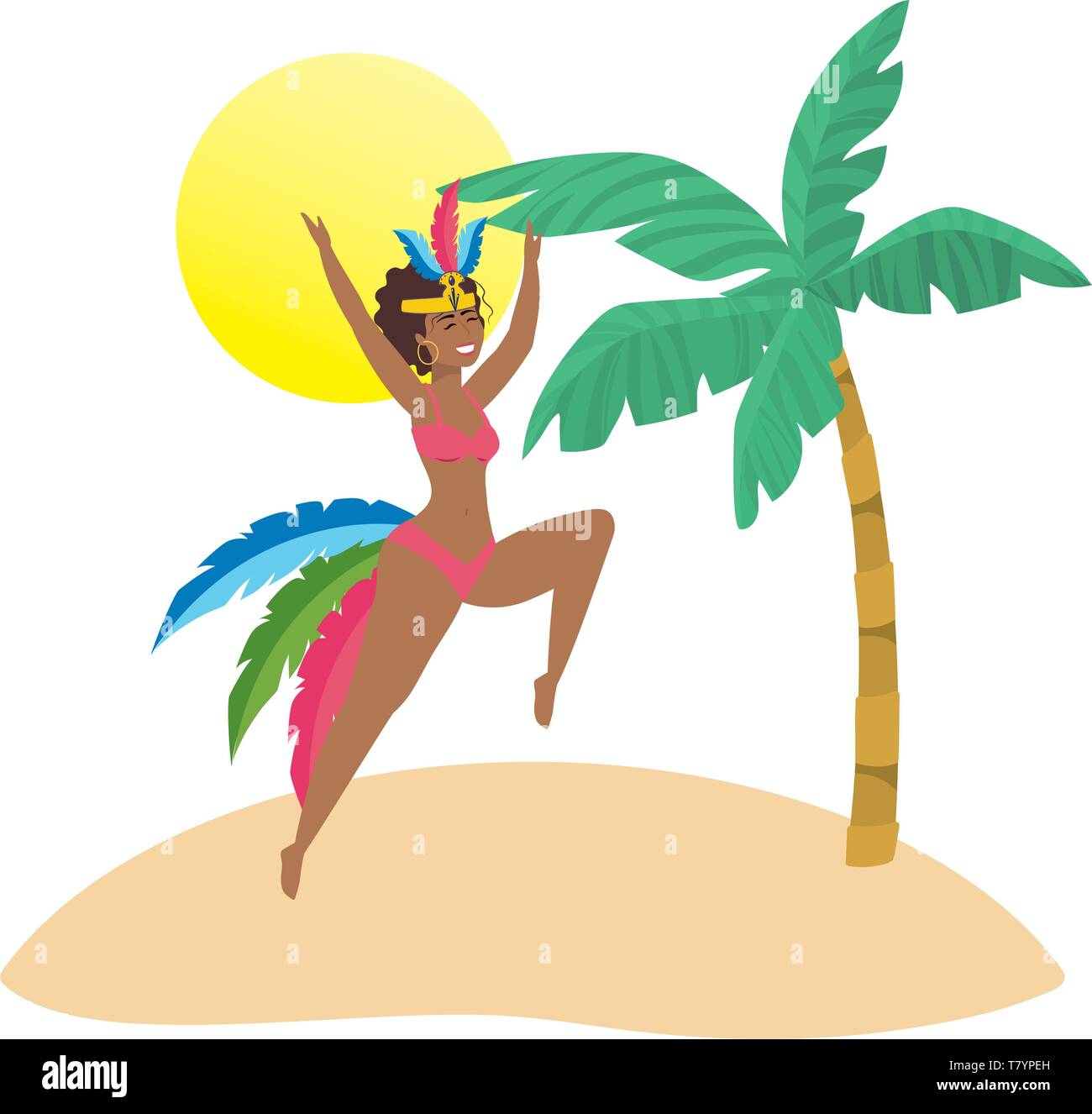 Native woman dancing celebra il brasile carnevale sulla spiaggia con palm e sun illustrazione vettoriale modificabile Illustrazione Vettoriale