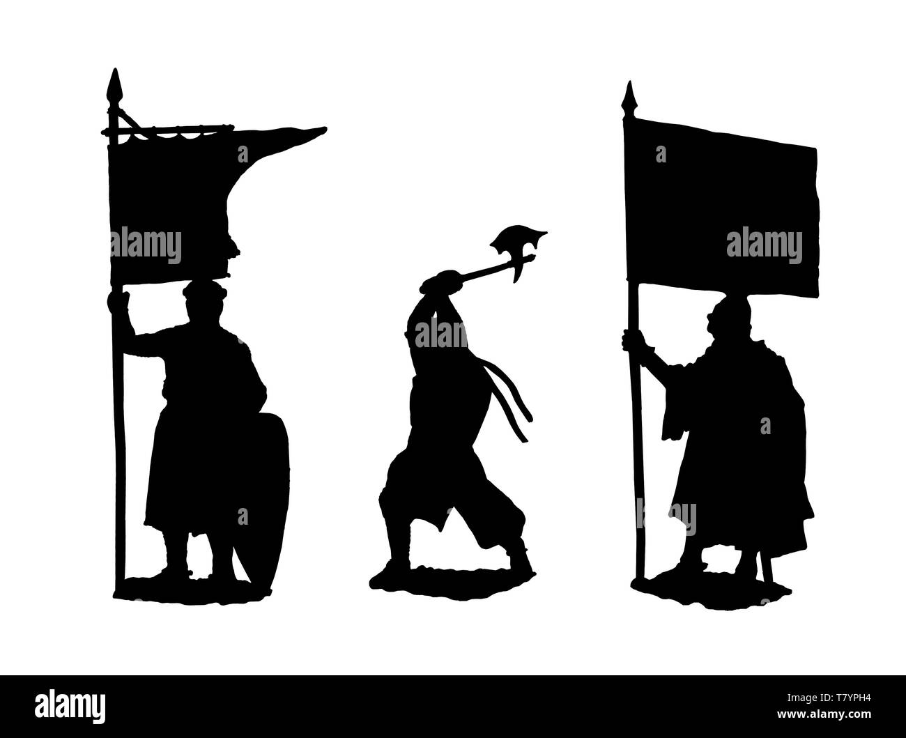 Cavalieri medievali illustrazione. Immagine del cavaliere. Set di 3 crociati medievale. Disegno digitale. Foto Stock