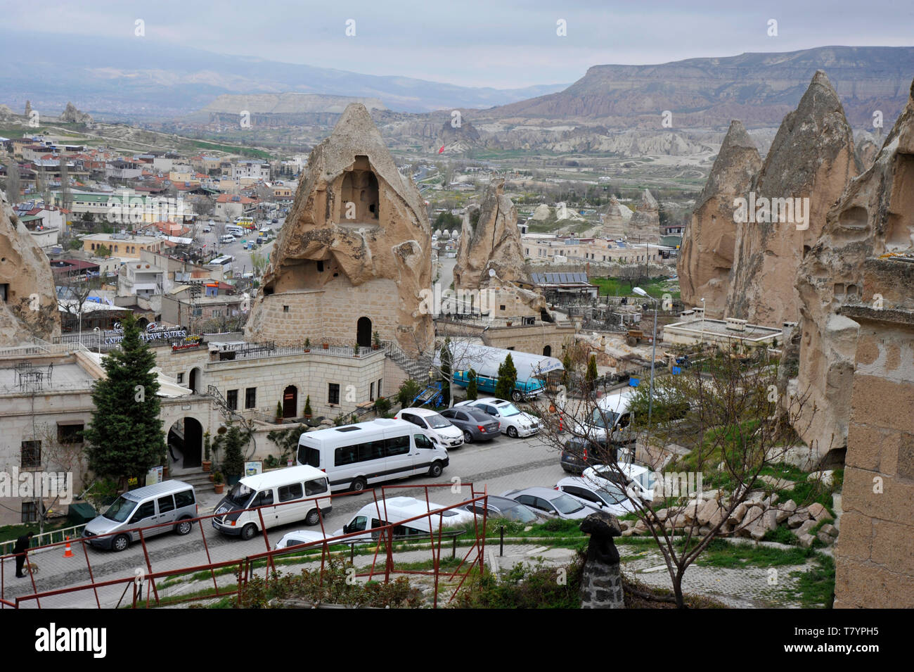 La città di Goreme nella regione Cappadoica della Turchia Foto Stock
