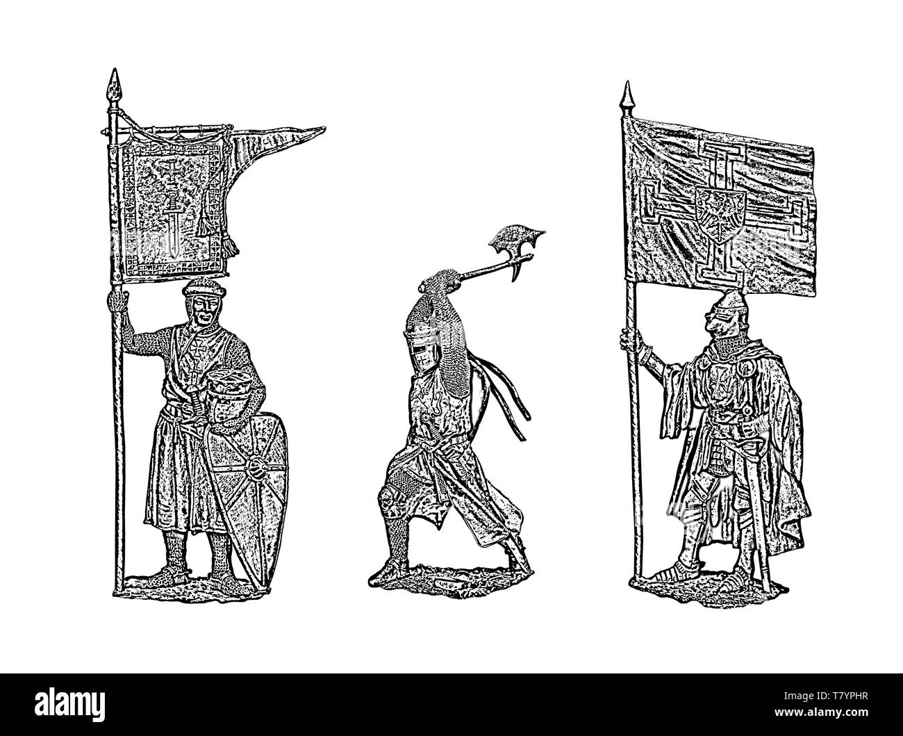 Cavalieri medievali illustrazione. Immagine del cavaliere. Set di 3 crociati medievale. Disegno digitale. Foto Stock