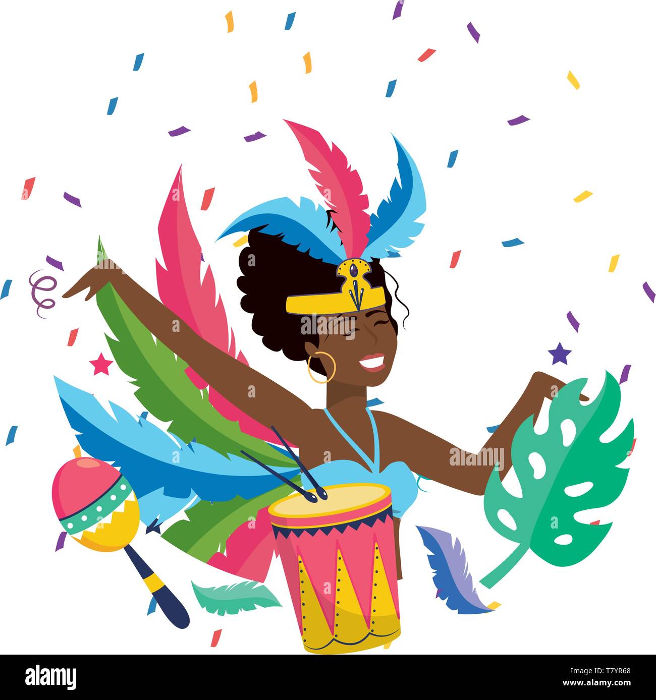Donna con copricapo di piume celebrando con maraca e tamburo brasile  carnevale illustrazione vettoriale graphic design Immagine e Vettoriale -  Alamy