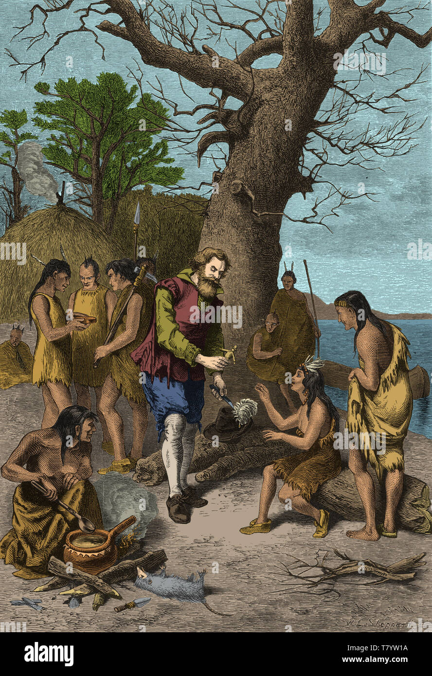 Il capitano John Smith, Powhatans' captive, 1607 Foto Stock