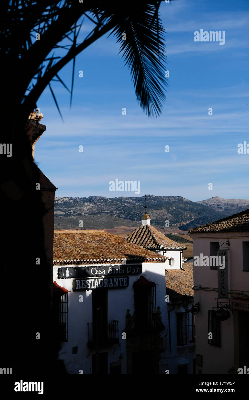 Viste di strada nella città di Ronda nella provincia di Malaga, Andalusia. La città si costruisce appositamente sul bordo di una profonda gola denominata El Tajo. Foto Stock