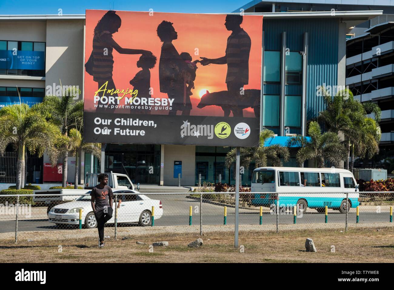 Papua Nuova Guinea-Papua bay, Capitale Nazionale Port Moresby town, aeroporto di Jackson, affissioni accoglienza dei visitatori Foto Stock