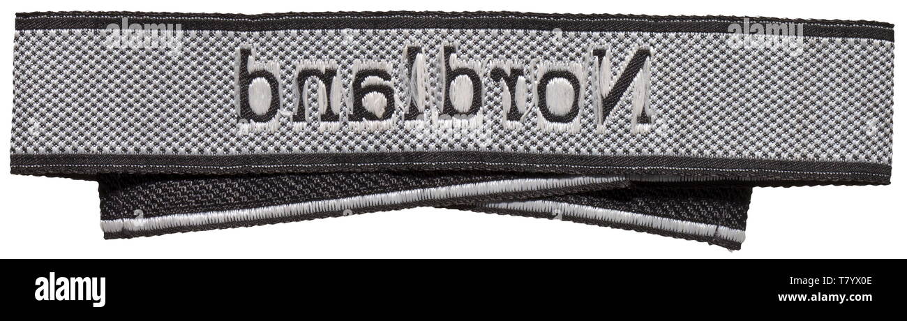 Un sleeveband 'Nordland' per uomini arruolati/sottufficiali della SS-Infanterie-Regiment, poi SS-Panzer-Grenadier-reggimento nel V SS-Panzer-Division " WIKING". Nero e grigio-argento BeVo tipo con estremità cucita. Non sottoscritto. Lunghezza 48 cm. storica, storica del xx secolo, 1930S, 1940s, secret service, servizio di sicurezza, servizi segreti, i servizi di sicurezza, polizia, servizio armato, servizi armati, NS, il socialismo nazionale, il nazismo, il terzo Reich, Reich tedesco, Germania, utensile e un pezzo di attrezzature, utensili, oggetto, oggetti, alambicchi, clipping, clippings, tagliate, cut-out, intagli, il fascismo, fascista, Editorial-Use-solo Foto Stock