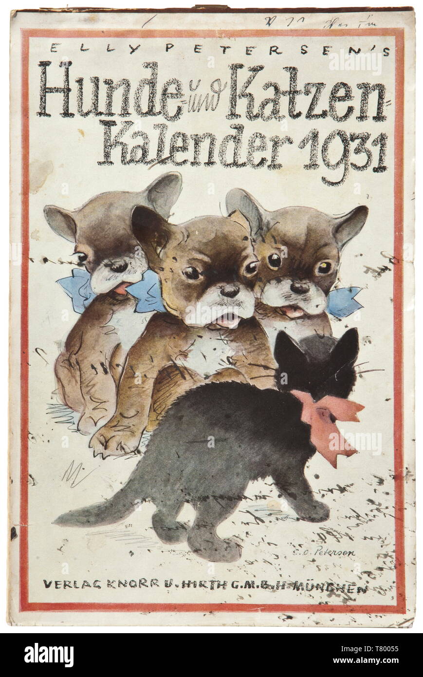 Angela 'geli' Rabaul (1908 - 1931) - Adolf Hitler strappare il calendario per l'anno 1931. "Hunde und Katzen 1931' (cani e gatti), il nuovo anno pagina con una piccola scritta in inchiostro 'von Onkel Lupo' (da zio lupo), il lato sinistro con incollata una in fattura da parte della società Prantl e collaboratori, Monaco di Baviera per il 'Haushaltung Adolf Hitler, Schriftsteller München, Prinzregentenplatz 16/II zu Hdn. von Frau inverno' (Adolf Hitler domestico, autore di Monaco di Baviera, Prinzregentenplatz 16/II F.A.O. Frau inverno) e incollati in una busta con piccola scheda prevista in 'Messa den herzlichen Neujahrswünschen Onkel Wolf München, Editorial-Use-solo Foto Stock