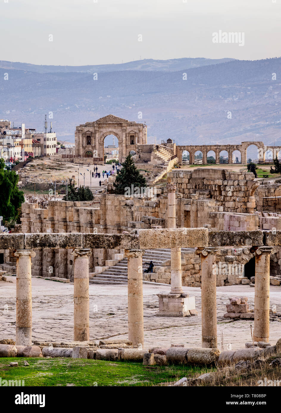Oval Plaza, Jerash Jerash, Governatorato, Giordania, Medio Oriente Foto Stock
