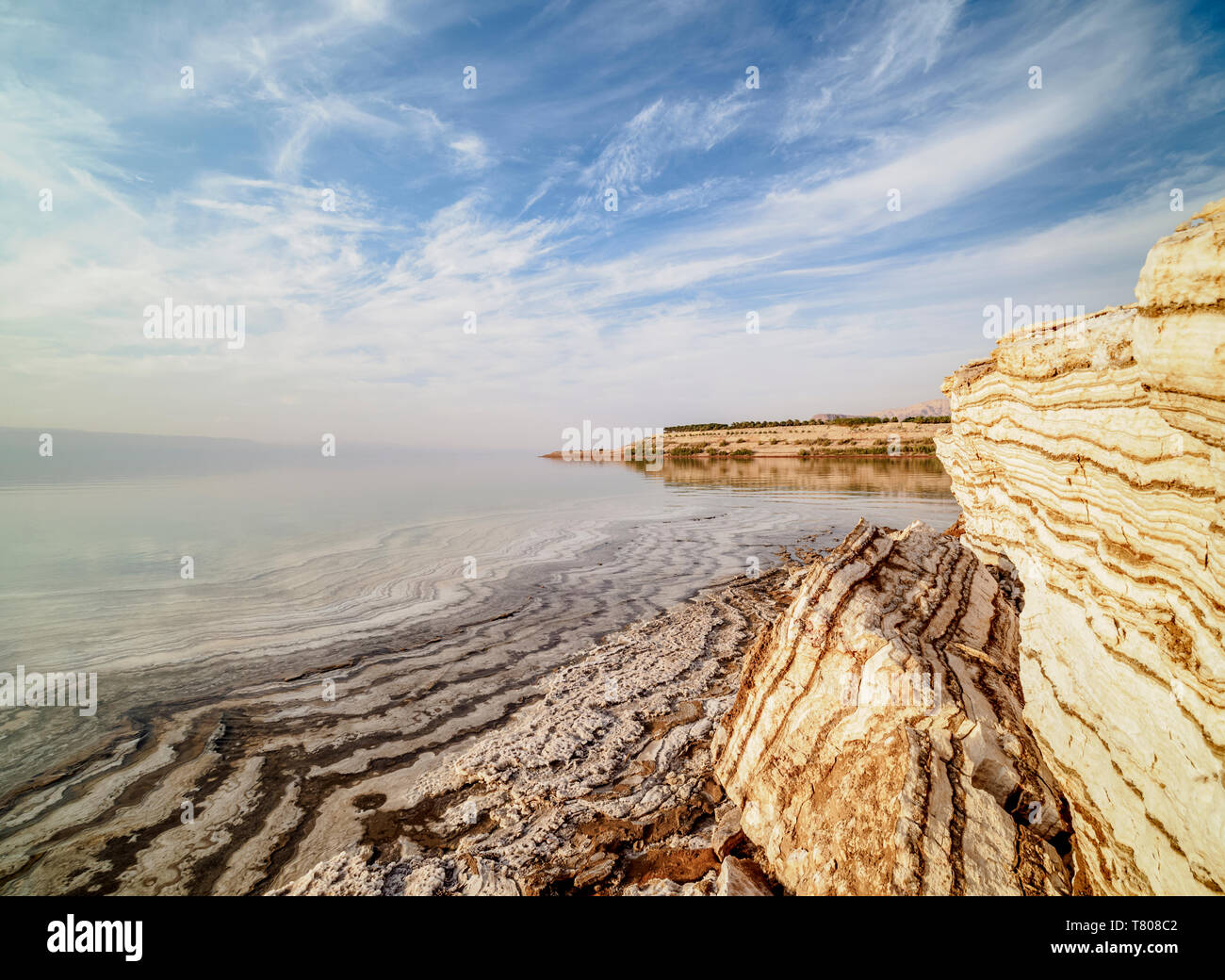 Formazioni di sale sulla riva del Mar Morto, Karak Governatorato, Giordania, Medio Oriente Foto Stock