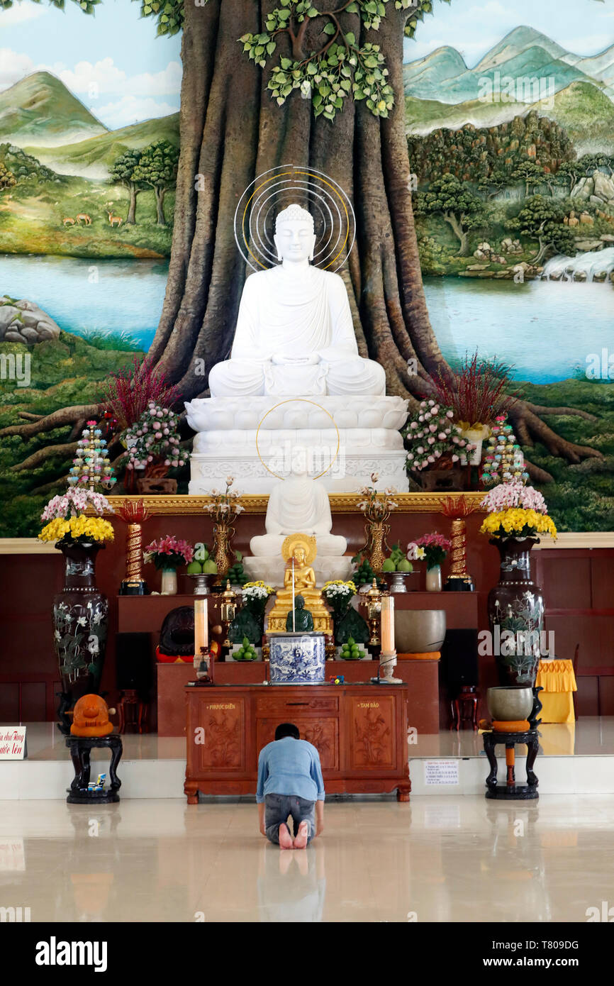 Van Linh pagoda buddista, uomo che prega per il Buddha, l'Illuminismo della statua del Buddha, un Hao, Vietnam, Indocina, Asia sud-orientale, Asia Foto Stock