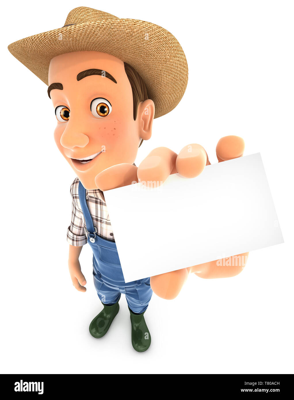 3d l'agricoltore che detiene business card, illustrazione isolato con sfondo bianco Foto Stock
