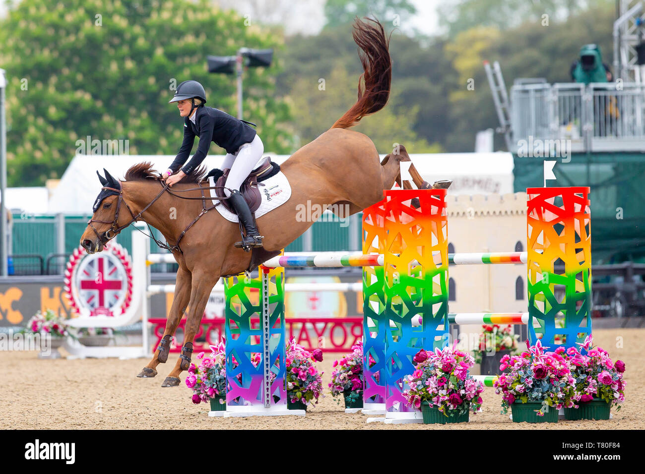 Windsor, Berkshire, Regno Unito. 09 Maggio, 2019. Vincitore. La Georgia Tame equitazione Z sette Canya danza. GBR.H&C TV senior 1,35 m aperta. Showjumping. Royal Windsor Horse Show. Windsor. Berkshire. Regno Unito. GBR. 09/05/2019. Credito: Sport In immagini/Alamy Live News Foto Stock