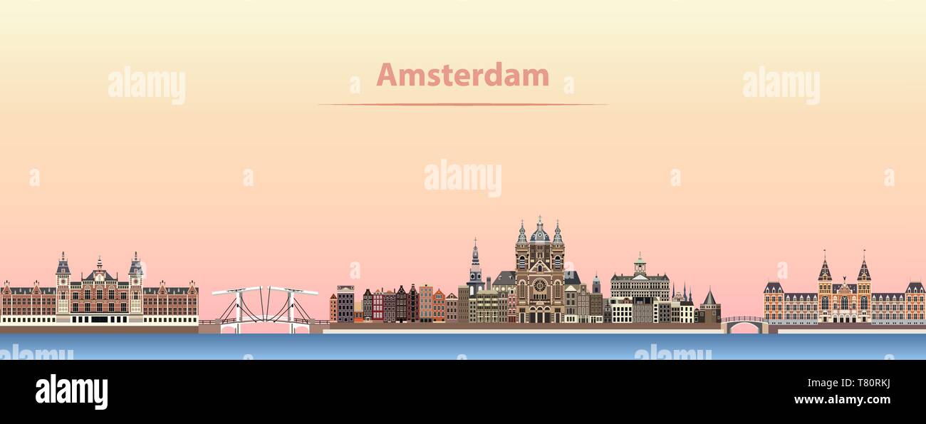 Illustrazione vettoriale di Amsterdam dello skyline della città di sunrise Illustrazione Vettoriale