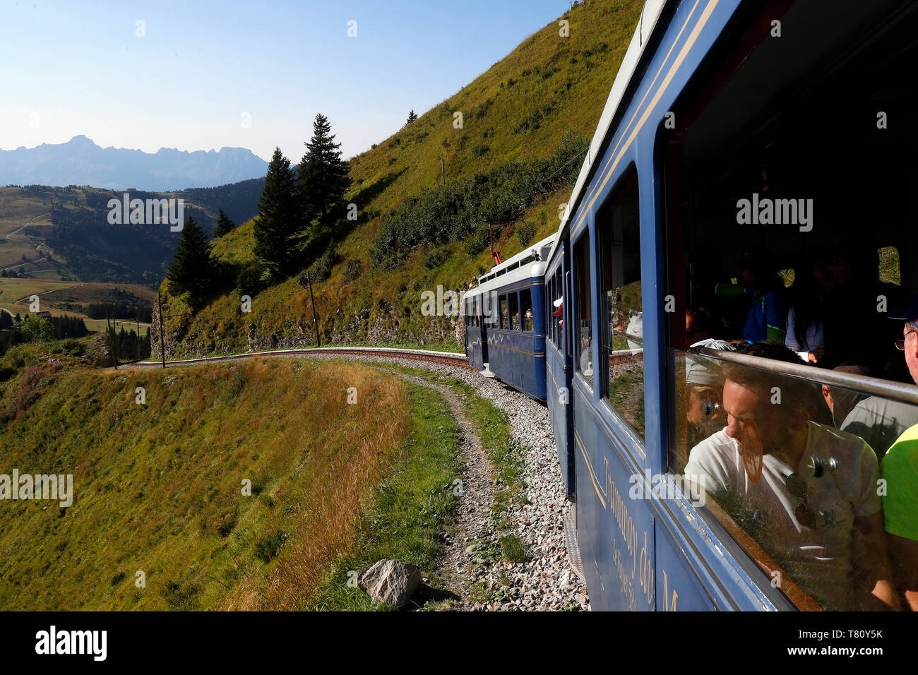 Il Mont Blanc del tram (TMB), la montagna più alta della linea ferroviaria in Francia, sulle Alpi francesi, Saint-Gervais, Alta Savoia, Francia, Europa Foto Stock