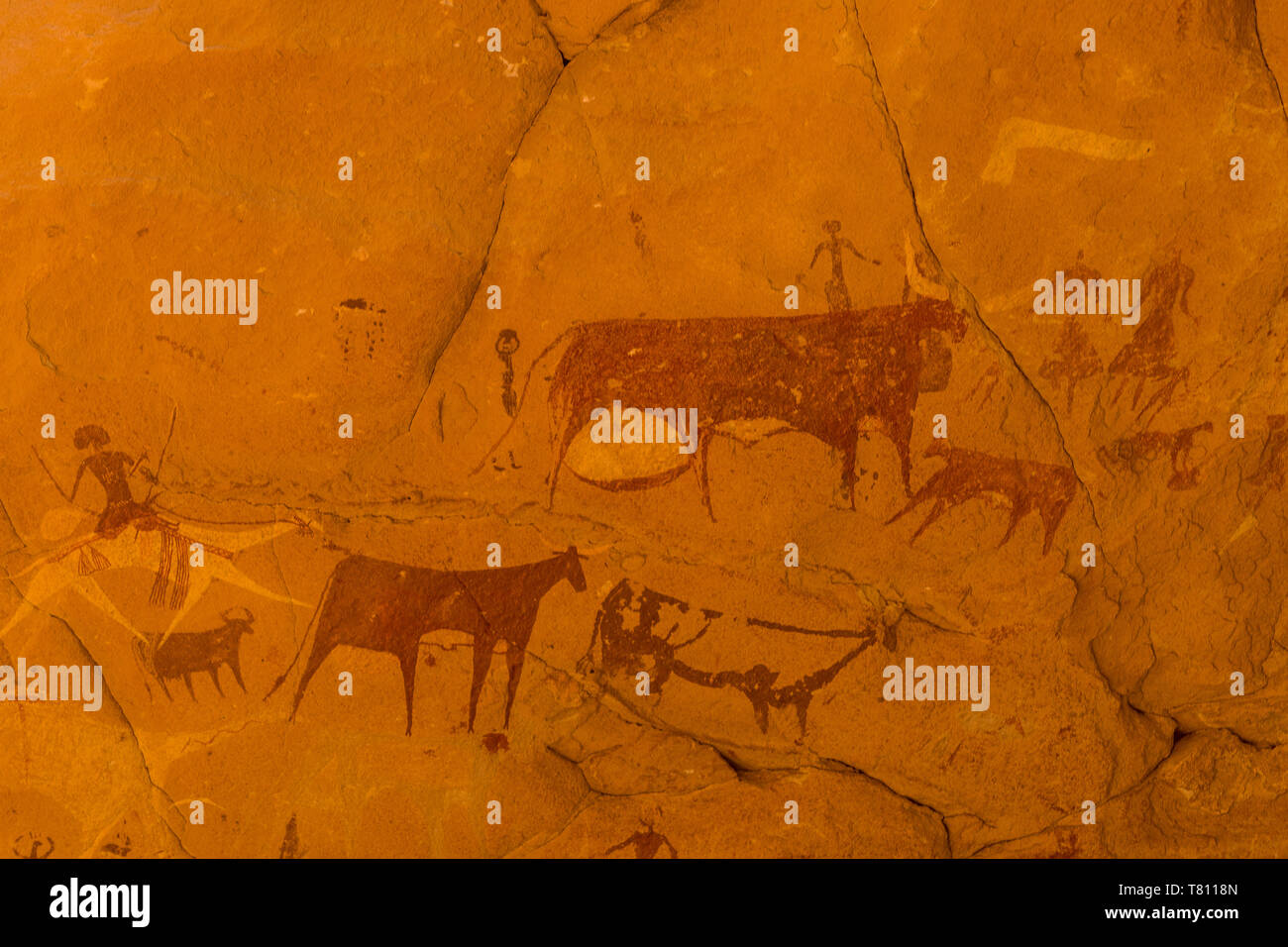 Pitture rupestri, Ennedi altopiano, Sito Patrimonio Mondiale dell'UNESCO, la regione di Ennedi, Ciad, Africa Foto Stock