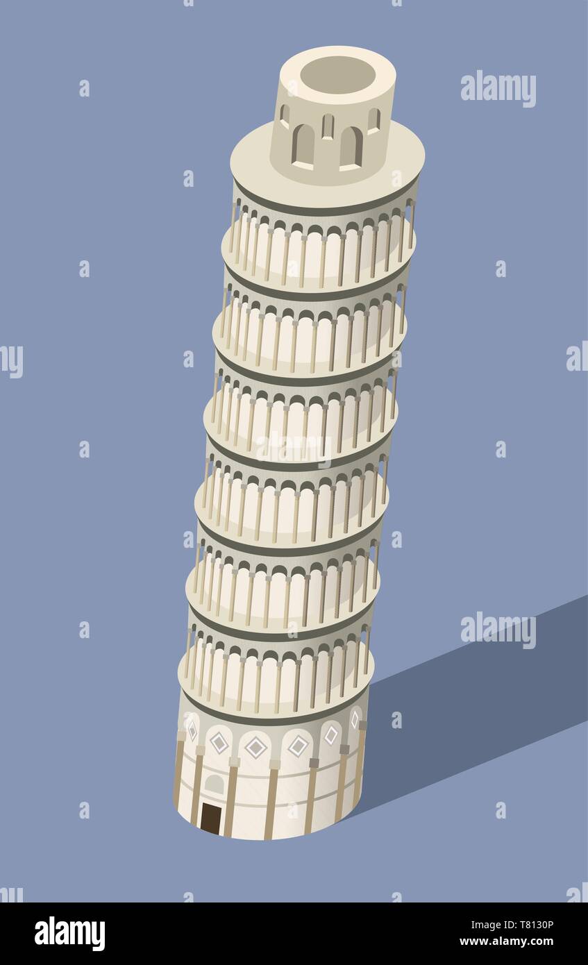 Vettore 3D isometrica icona della Torre di Pisa con uno stile piatto sfondo colorato e ombra Illustrazione Vettoriale