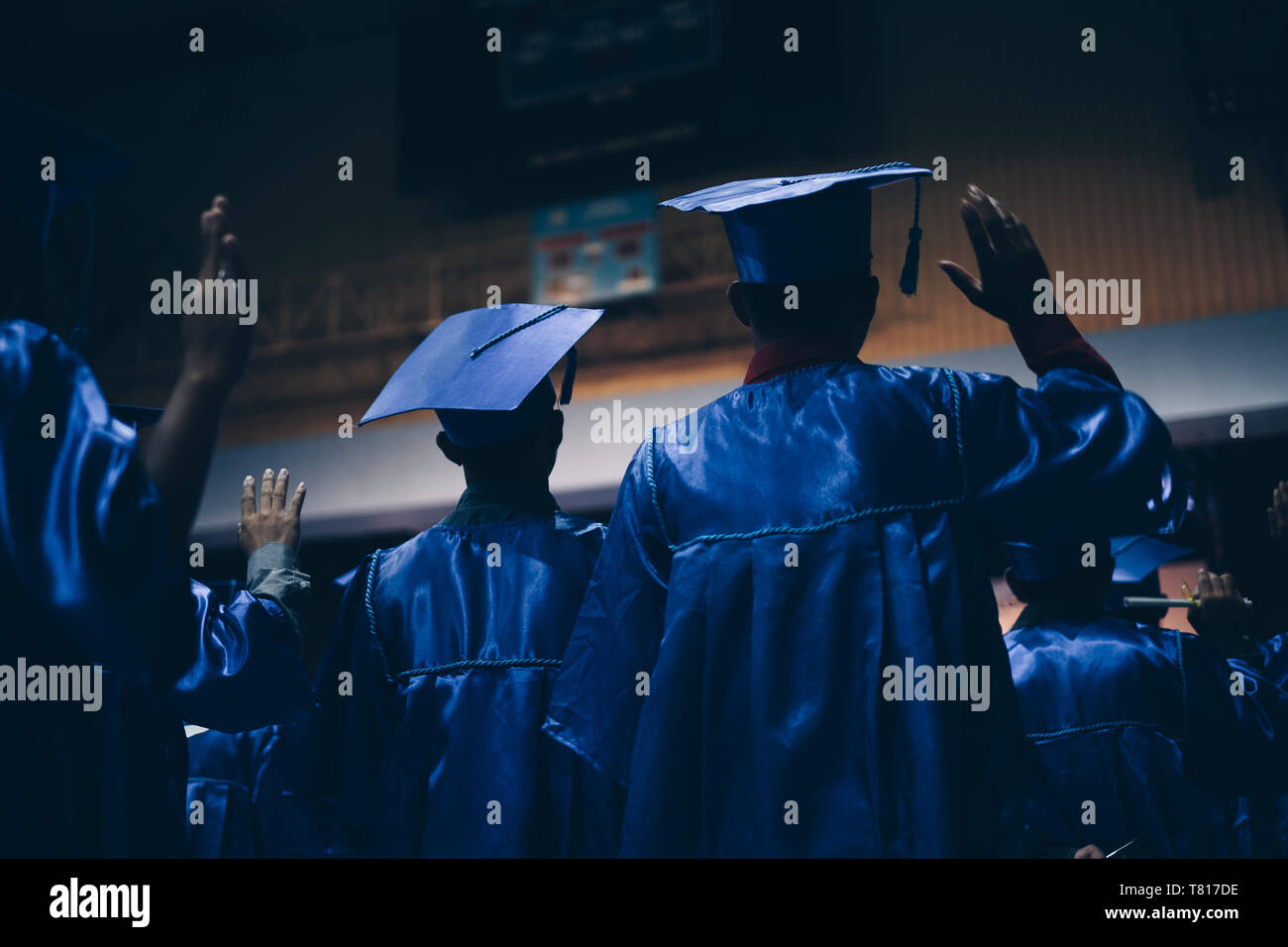 Vista posteriore dei laureati in blu abbigliamento accademico, in piedi durante la cerimonia. Messa a fuoco selezionata. Copia dello spazio. Foto Stock