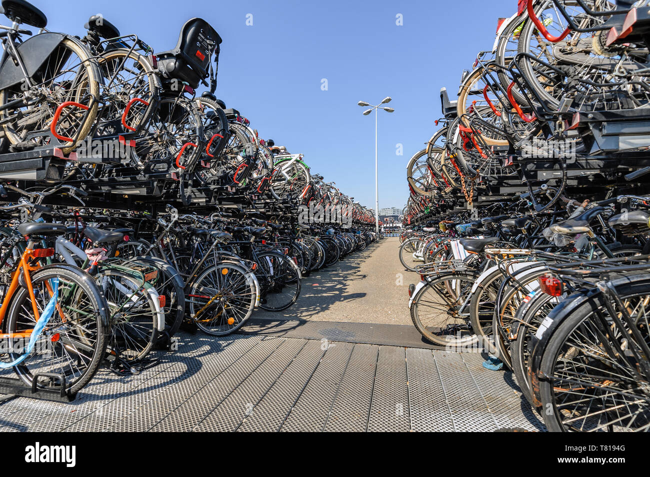 AMSTERDAM, OLANDA - 01 agosto: la stazione centrale di Amsterdam. Molte biciclette parcheggiate davanti alla stazione centrale su agosto 01, 2012 a Amsterdam Foto Stock