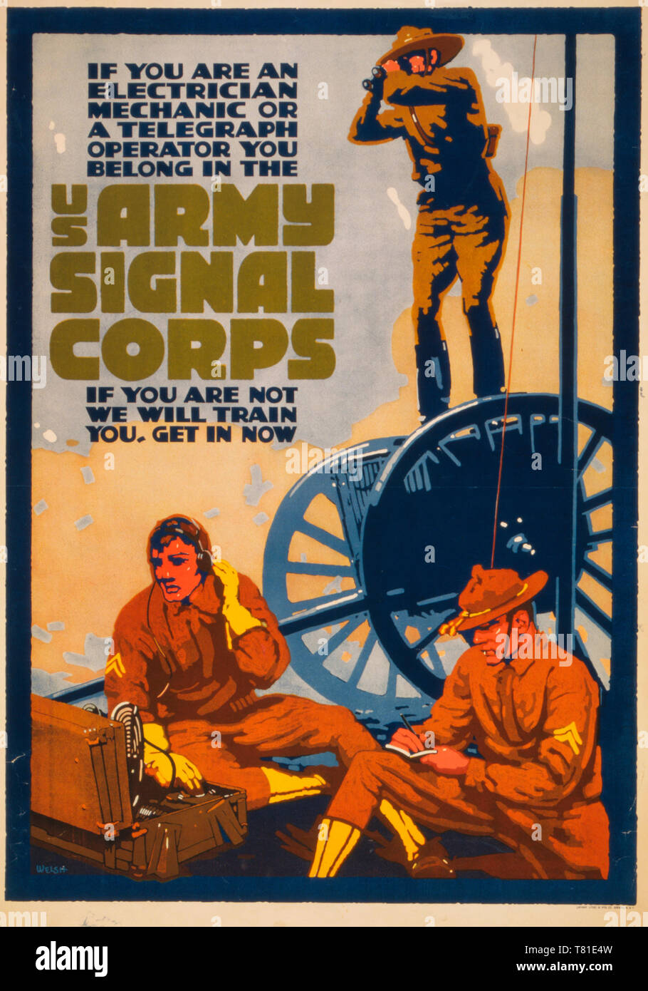 Stati Uniti Army Signal Corps recruiting poster raffigurante tre soldati utilizzando vari metodi di comunicazione e di raccolta di informazioni. Se sei un elettricista e meccanico o un operatore del telegrafo appartenete NEGLI STATI UNITI Army Signal Corps se non ci sarà il treno, ottenere in ora, circa 1919 Foto Stock