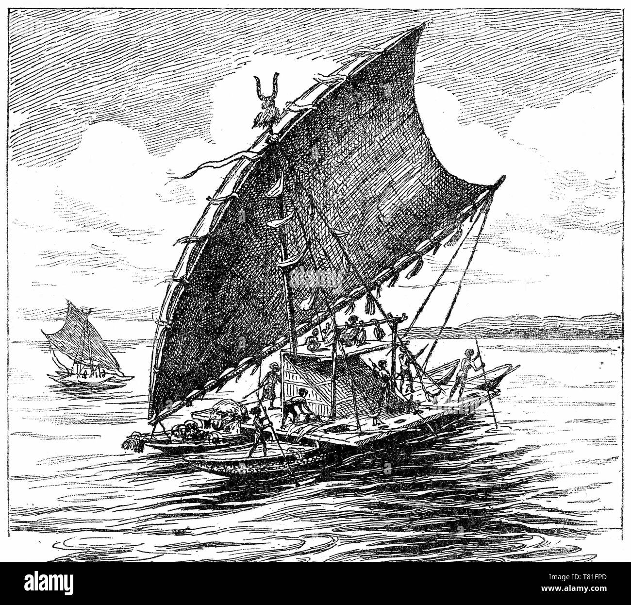 Incisione di una tradizionale canoa da isole Fiji. Da Chatterbox magazine, 1925 Foto Stock