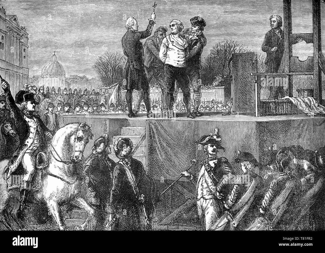 Incisione di Louis XVI sul patibolo durante la Rivoluzione Francese. Foto Stock