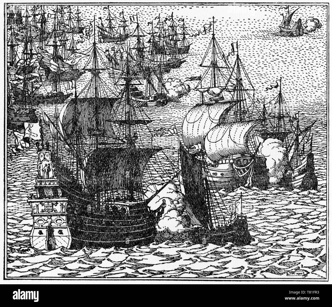 Una incisione olandese di le navi inglesi attaccano la Armada spagnola Foto Stock