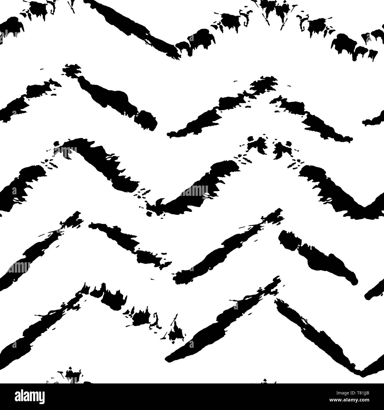 In bianco e nero disegnato a mano pennello asciutto a zig zag pattern senza giunture. Illustrazione Vettoriale. Illustrazione Vettoriale