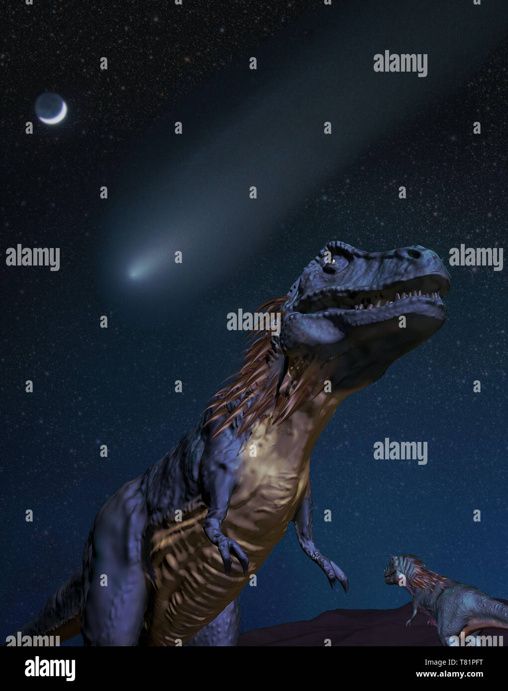 Asteroide e dinosauri, illustrazione Foto Stock