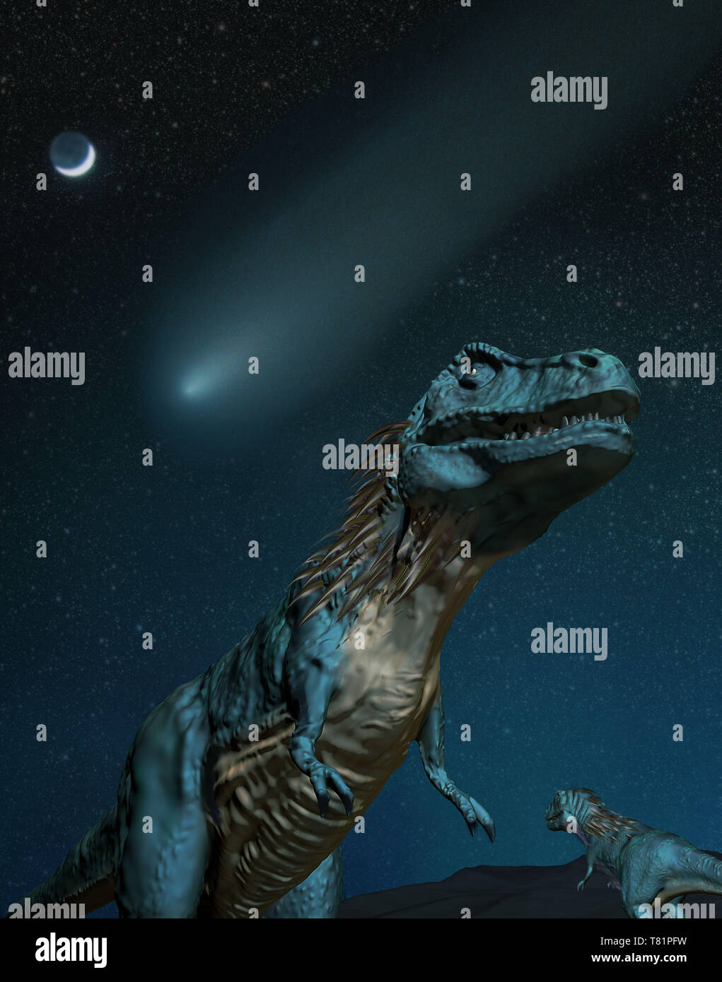 Asteroide e dinosauri, illustrazione Foto Stock