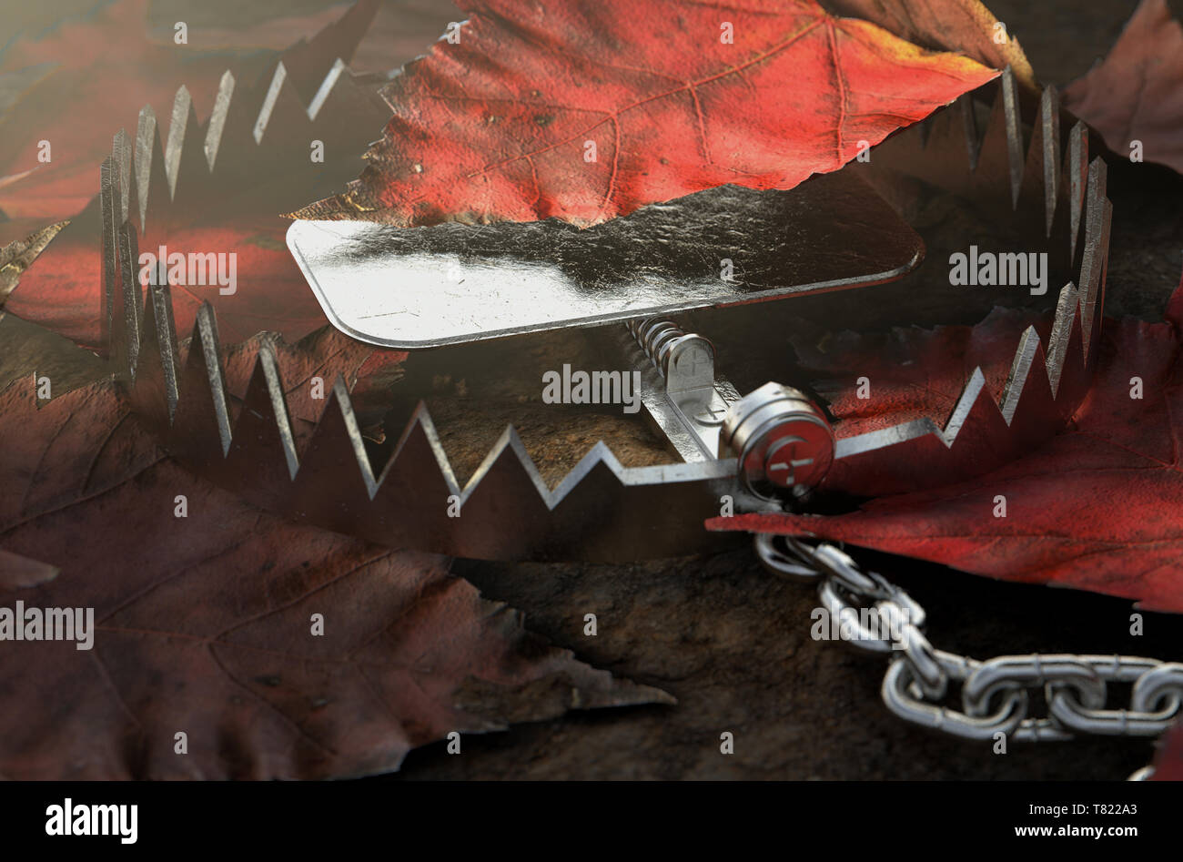 Un open metal animale nascosto sotto un mucchio di foglie di autunno sul terreno - 3D render Foto Stock