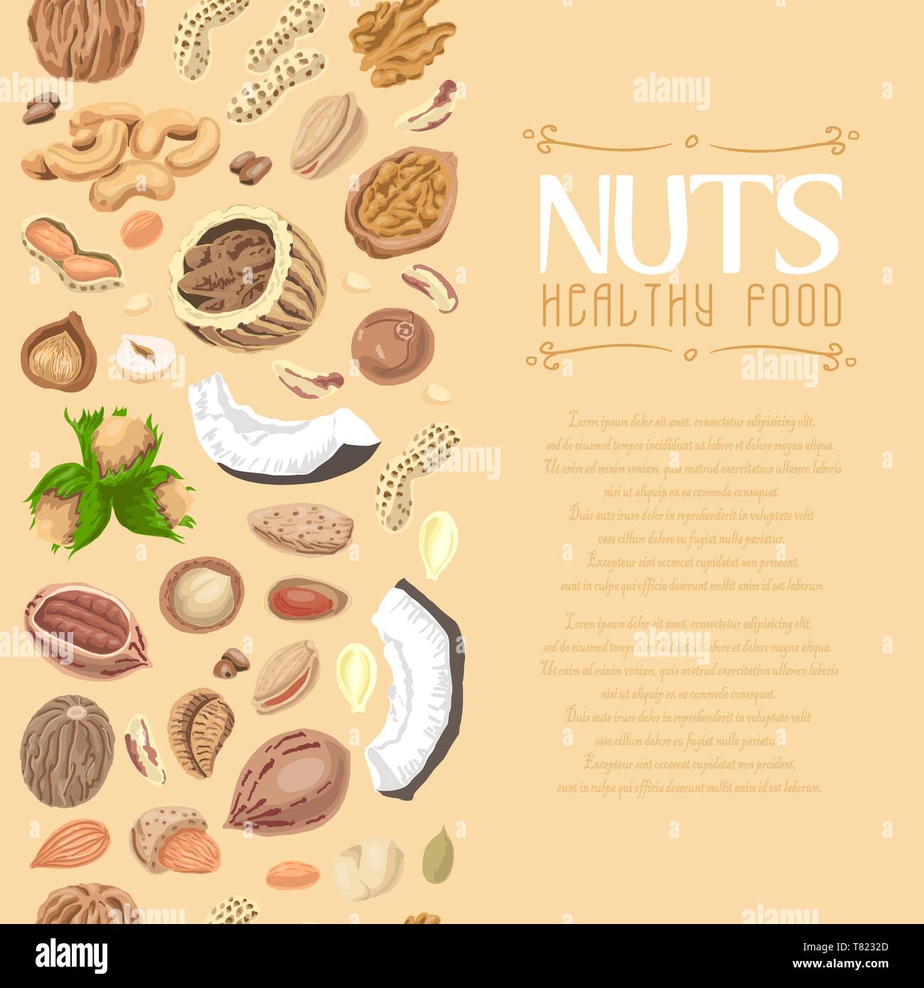 Senza cuciture verticali sullo sfondo colorato con noci e semi. Illustrazione di vettore per il tuo design Illustrazione Vettoriale