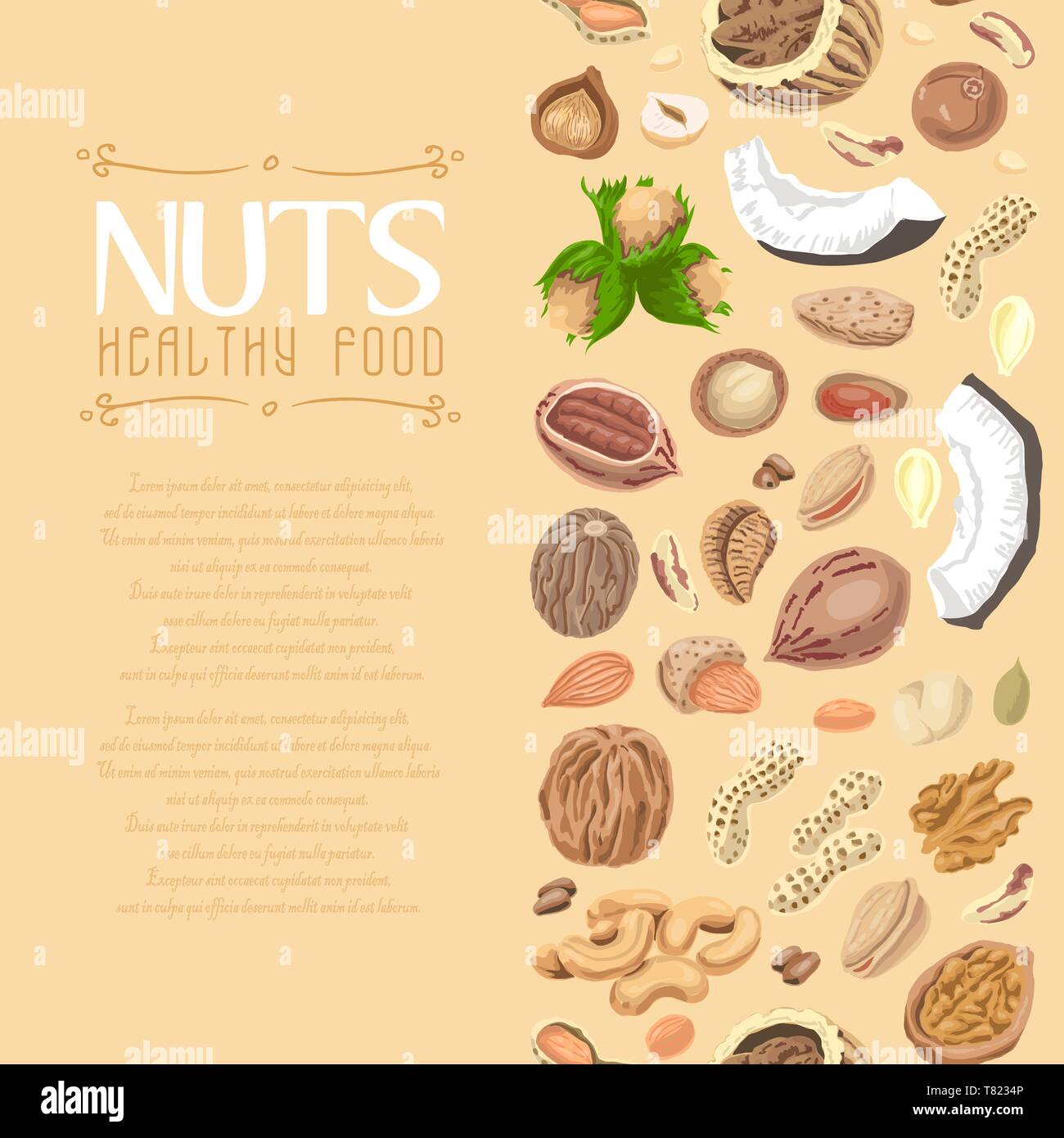 Senza cuciture verticali sullo sfondo colorato con noci e semi. Illustrazione di vettore per il tuo design Illustrazione Vettoriale