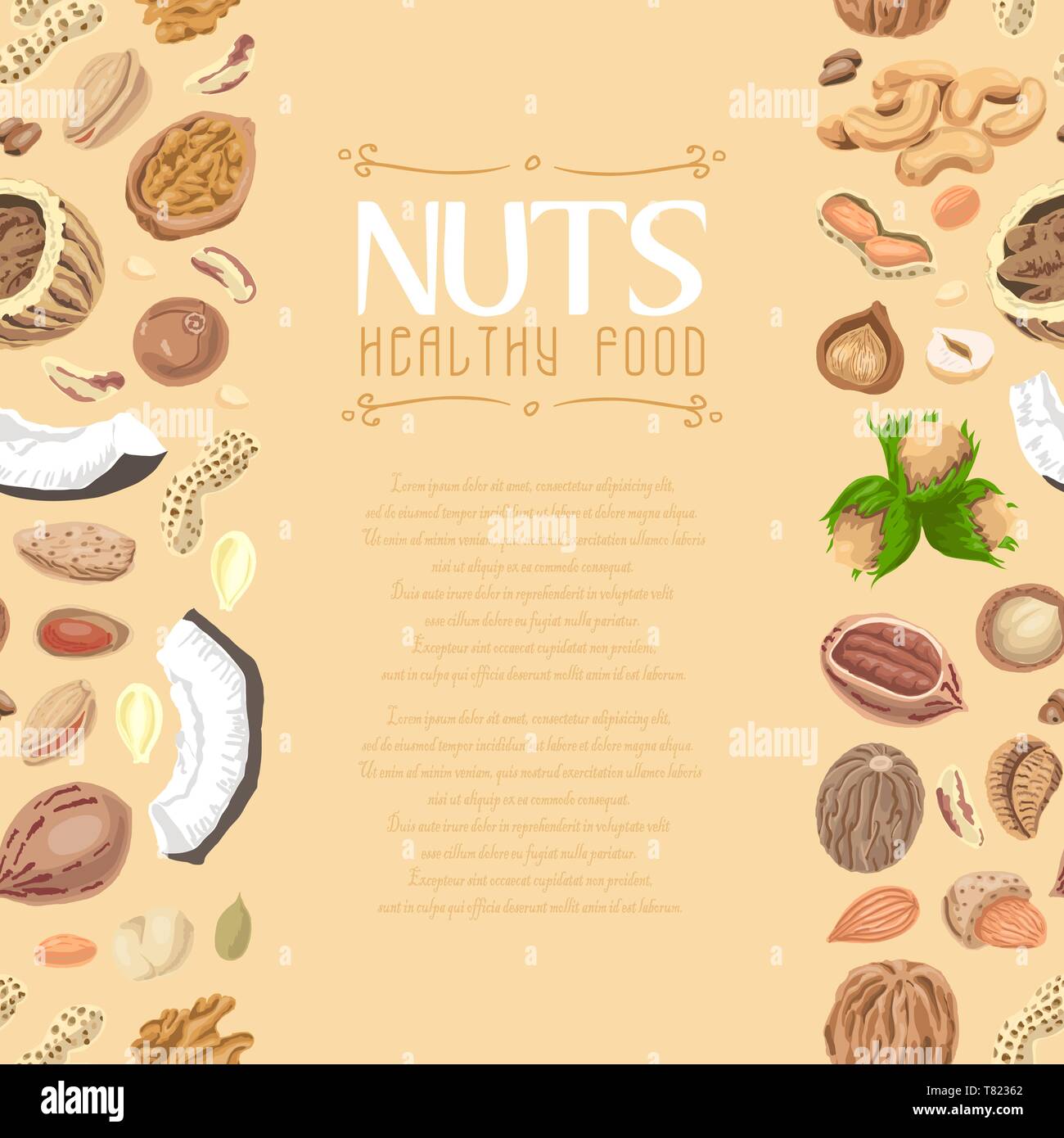 Senza cuciture verticali sullo sfondo colorato con noci e semi. Illustrazione di vettore per il tuo design Illustrazione Vettoriale